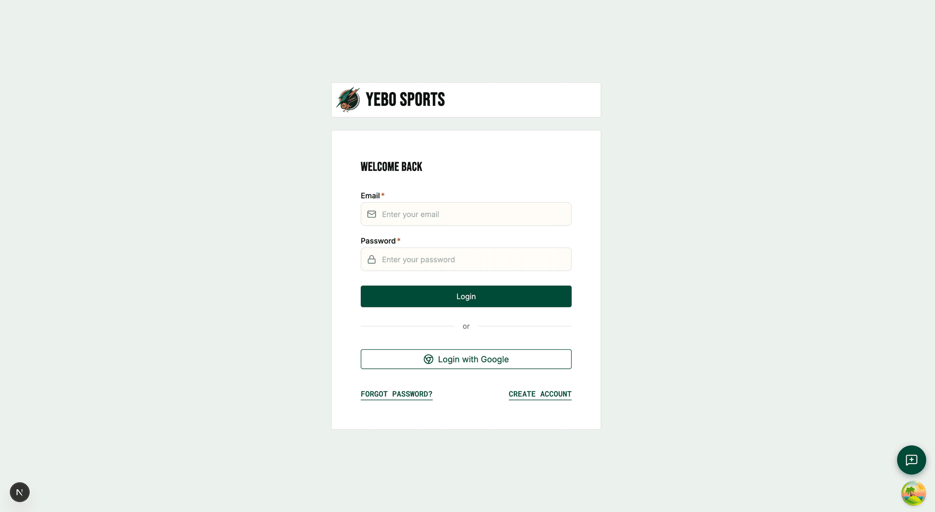 Yebo Sports login page